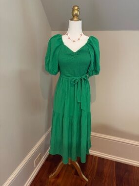 DKNY Emerald Green Puff-Sleeve Tiered Midi Dress